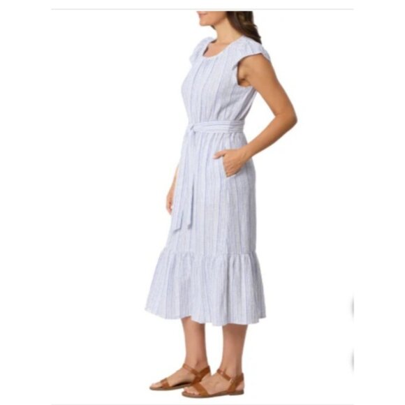 Briggs Women's Linen Blend Size XS Tiered Flutter Cap Sleeve Dress White Blue - Picture 15 of 15